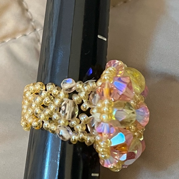Bead pink and yellow Swarovski and Czech handmade ring - Picture 4 of 5